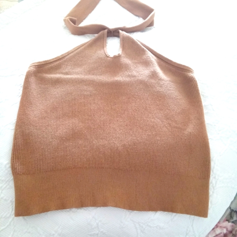 Banana Republic Women's Tan Knit Halter Top with Keyhole Neck Tie Small